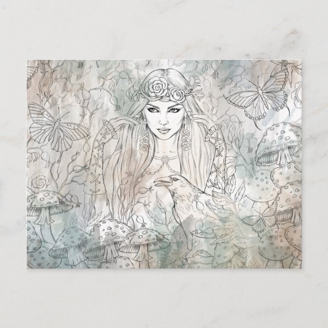 Postal Hermosa bruja gótica con cuervo (Anverso)