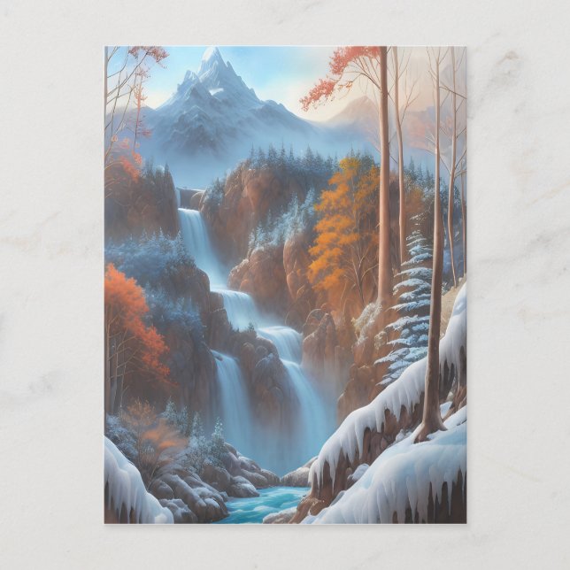 Postal Hermosa cascada en un bosque de nieve (Anverso)
