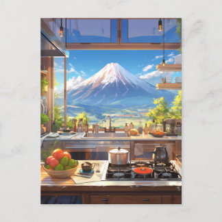 Postal Hermosa cocina con vistas al Monte Fuji
