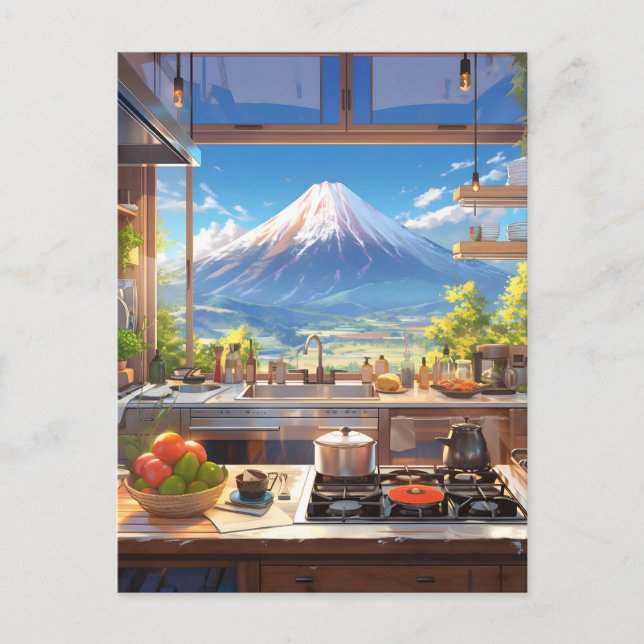 Postal Hermosa cocina con vistas al Monte Fuji (Anverso)