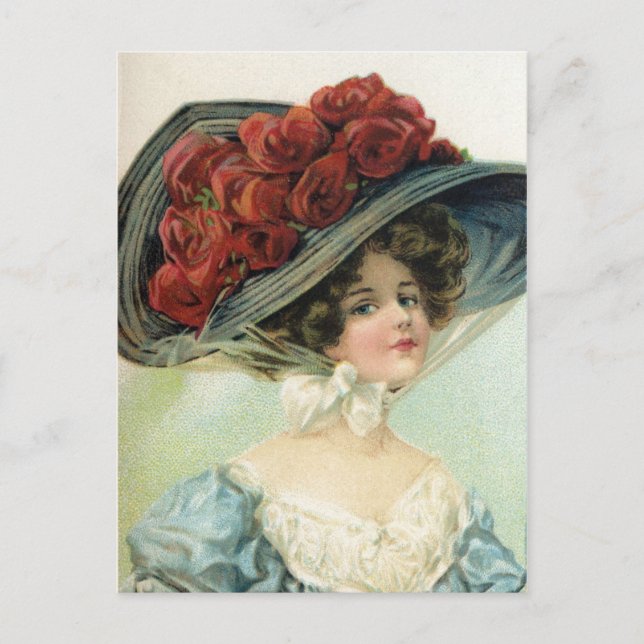 Postal Hermosa dama de época pintada, rosas gorras de sed (Anverso)