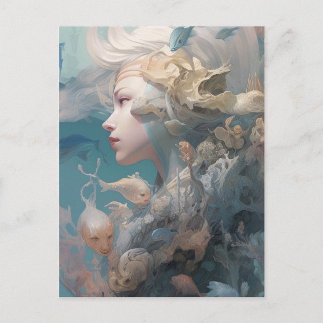 Postal Hermosa dama del mar con peces (Anverso)