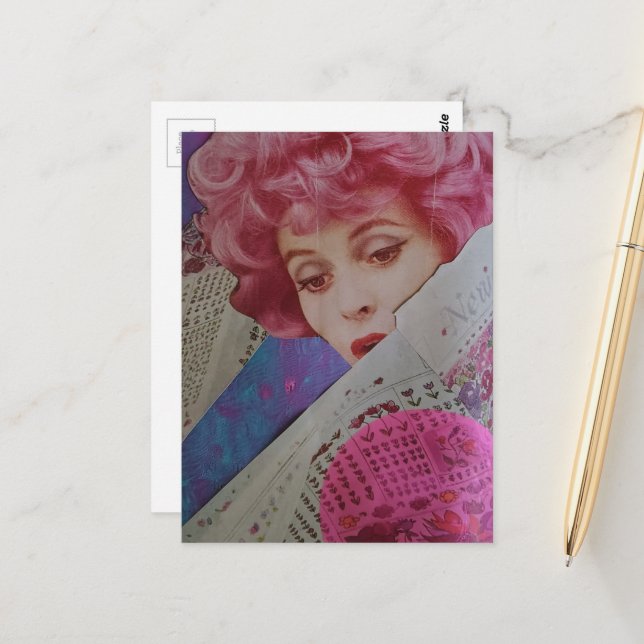 Postal Hermosa Dama Retro de Cabello Rosa Collage de Medi (Anverso/Reverso In Situ)