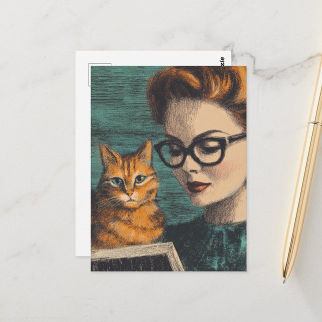 Postal Hermosa dama vintage y su gato leyendo (Anverso/Reverso In Situ)