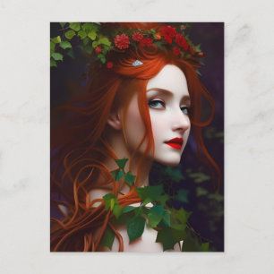Postal Hermosa Diosa Pelirroja y Hiedra