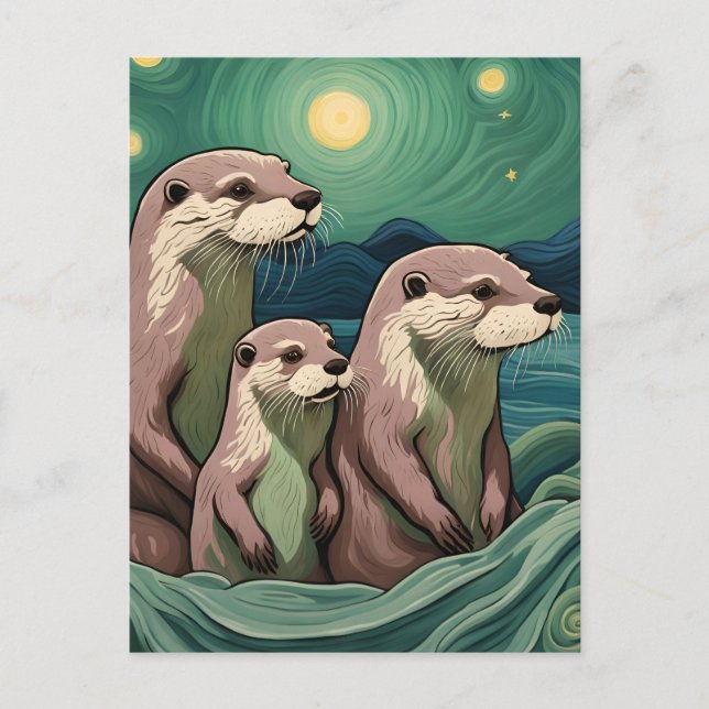 Postal Hermosa familia Otter Van Gogh Style (Anverso)