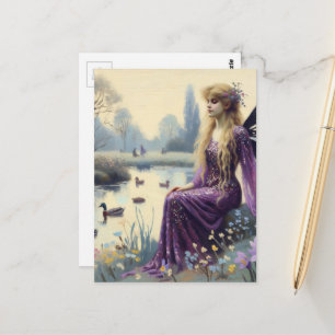 Postal Hermosa hada con vestido morado en el estanque de 