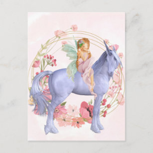 Postal Hermosa hada floral rosa y unicornio