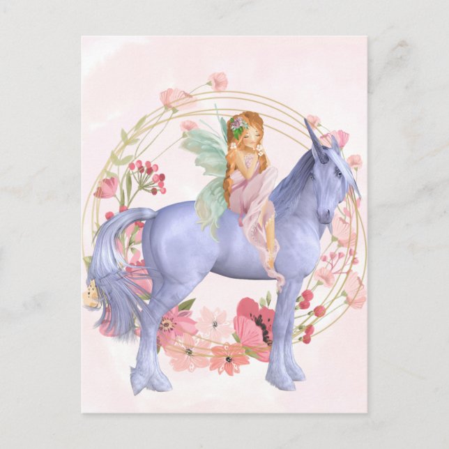 Postal Hermosa hada floral rosa y unicornio (Anverso)