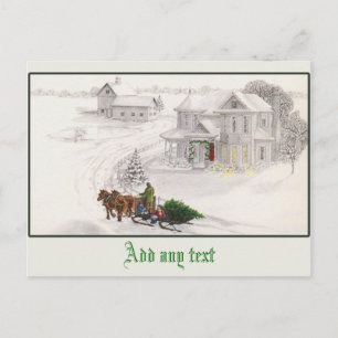 Postal Hermosa ilustración vintage escena nevada