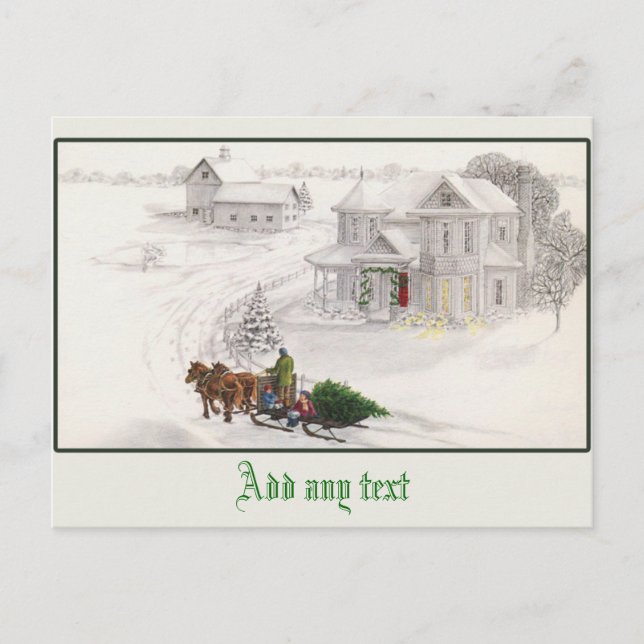 Postal Hermosa ilustración vintage escena nevada (Anverso)