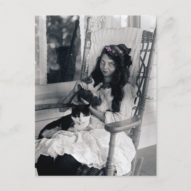 Postal Hermosa joven Chica con gato Circa 1910 (Anverso)