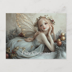 Postal Hermosa Joven Hada de Navidad Alas de Oro