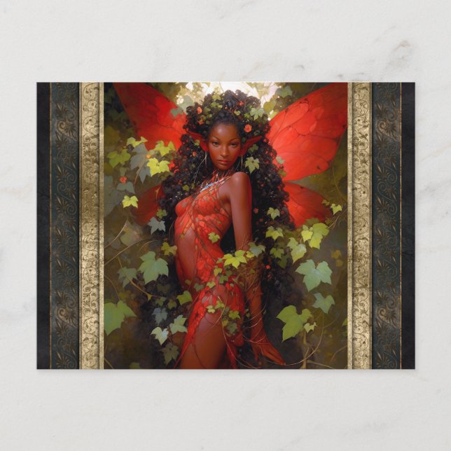 Postal Hermosa mujer de hadas rojas Fantasy Art (Anverso)