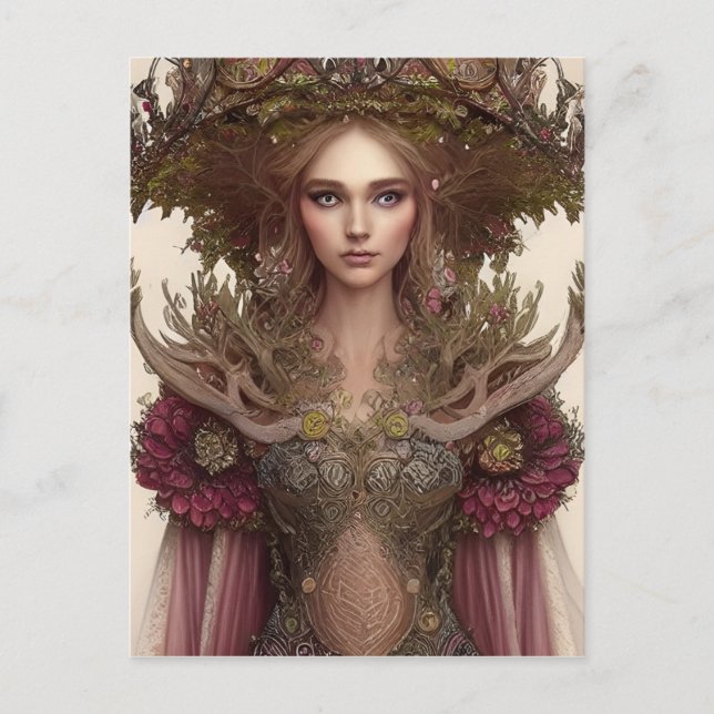 Postal Hermosa mujer de plantas y flores forestales (Anverso)