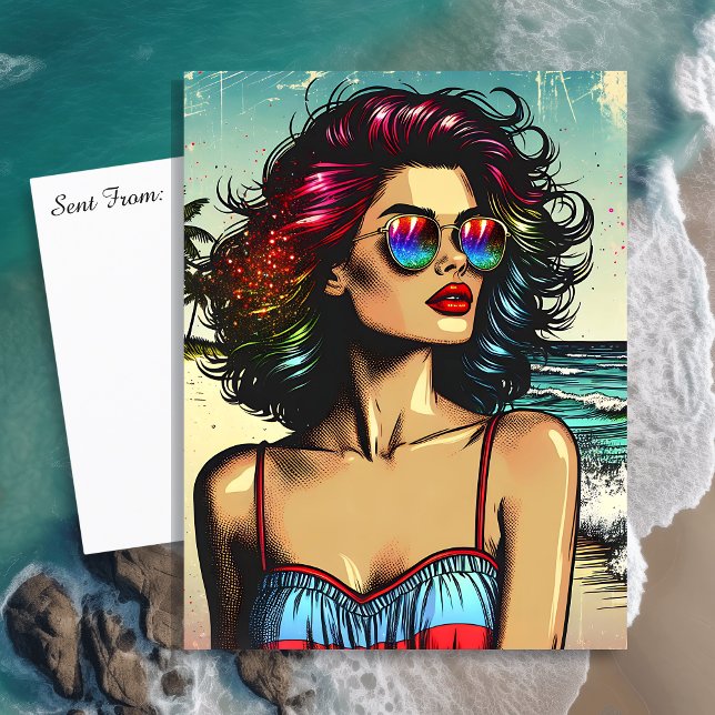 Postal Hermosa mujer en arte pop de historietas de playa (Subido por el creador)