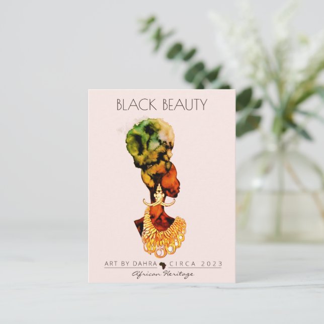 POSTAL HERMOSA MUJER NEGRA AFRICANA REINA ORO (Anverso de pie)