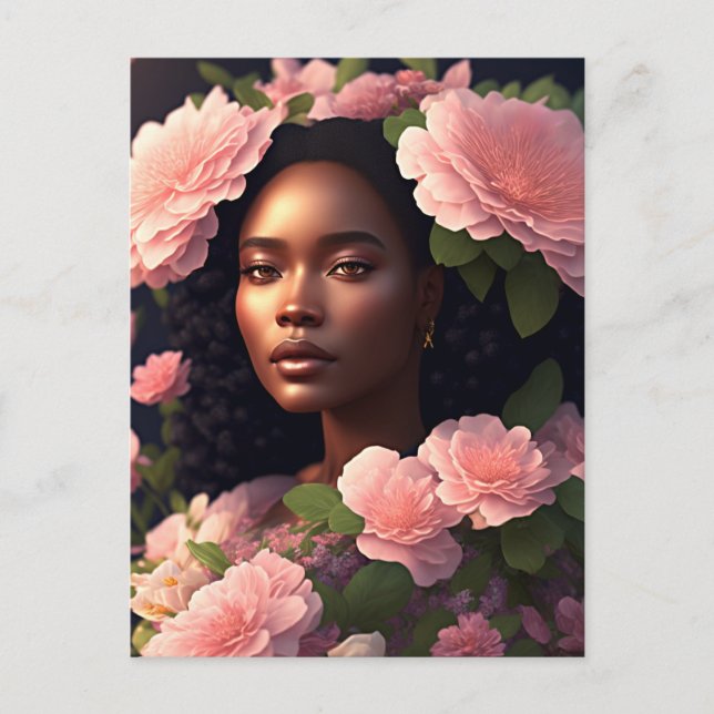 Postal Hermosa Mujer Negra Con Flores Rosa (Anverso)