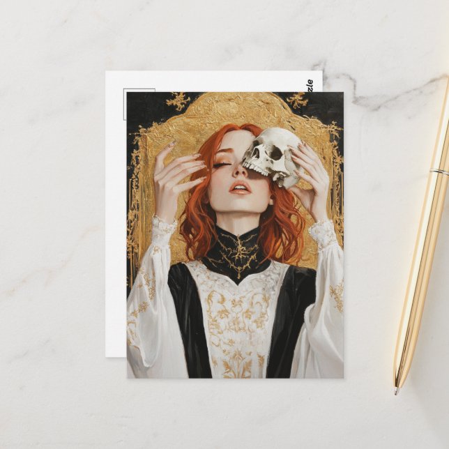 Postal Hermosa mujer pelirroja con una calavera (Anverso/Reverso In Situ)