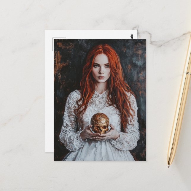 Postal Hermosa mujer pelirroja con una calavera de oro (Anverso/Reverso In Situ)