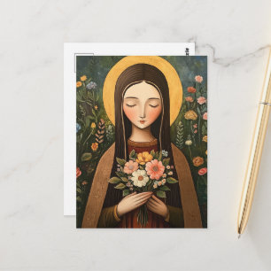 Postal Hermosa mujer santa con flores