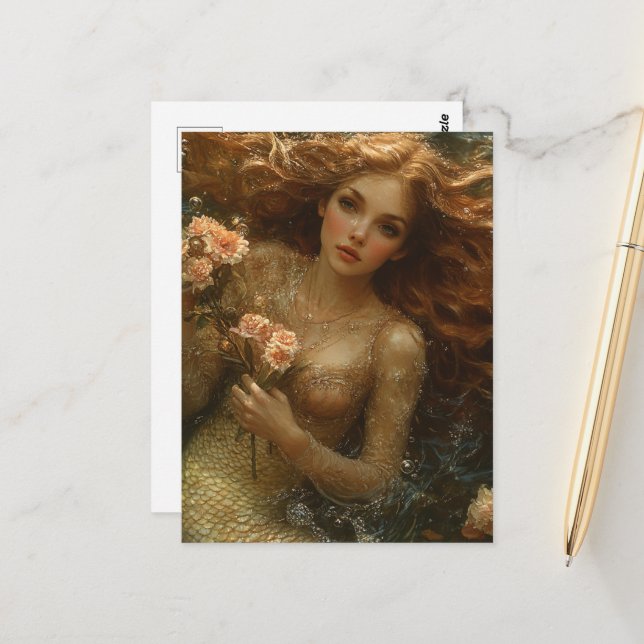 Postal Hermosa mujer sirena con flores (Anverso/Reverso In Situ)