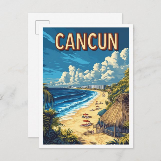 Postal Hermosa Playa de Cancún Ilustracion de México Viaj (Anverso / Reverso)