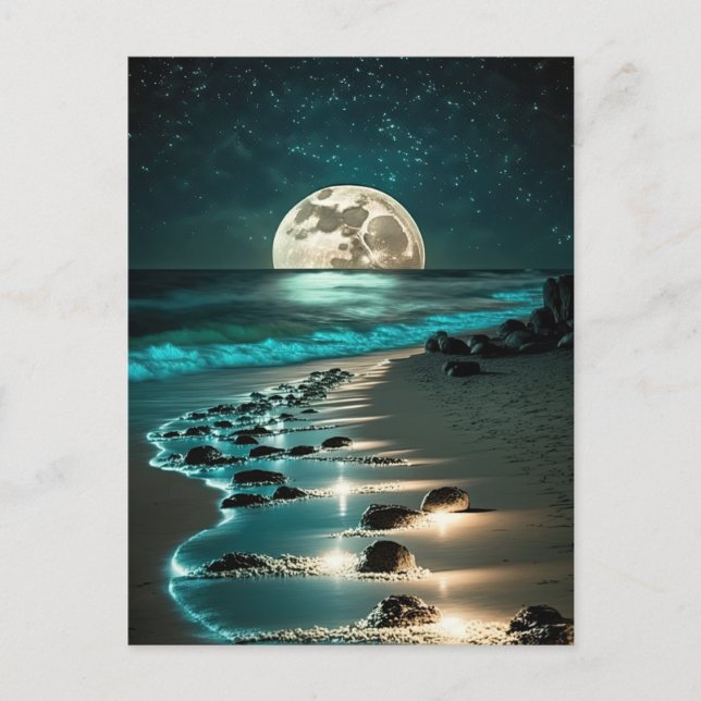 Postal Hermosa playa de Luna Llena Océano Starry Night (Anverso)