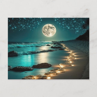 Postal Hermosa playa de Luna Llena Océano Starry Night