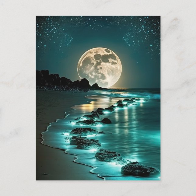 Postal Hermosa playa de Luna Llena Océano Starry Night (Anverso)