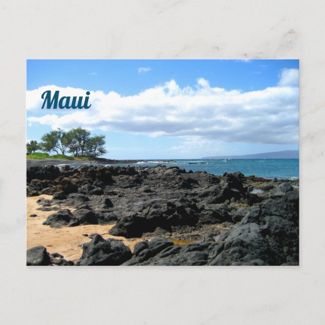 Postal Hermosa playa de Maui con rocas negras (Anverso)