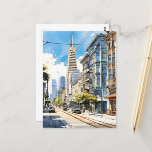 Postal Hermosa pluma y boceto de tinta de San Francisco