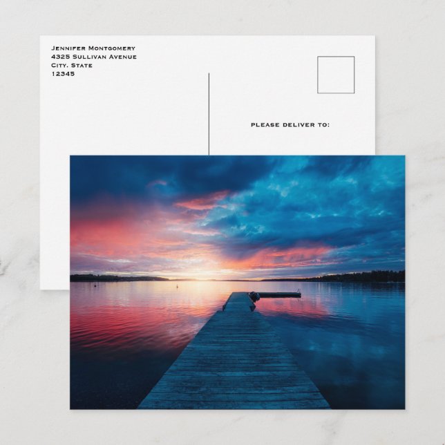 Postal Hermosa puesta de sol en un tranquilo lago (Anverso / Reverso)