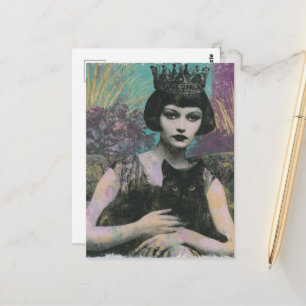 Postal Hermosa Reina de Fantasía y su Gato Negro