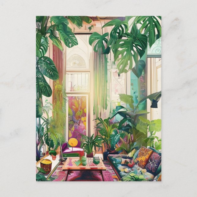 Postal Hermosa sala de estar llena de plantas tropicales (Anverso)