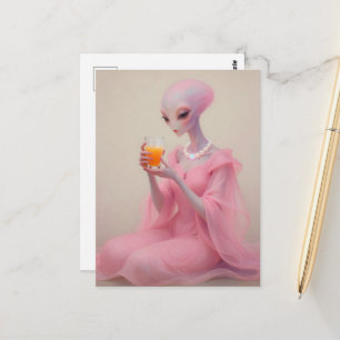 Postal Hermosa Señora Alien Rosa Con Jugo De Naranja