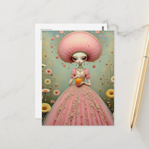 Postal Hermosa señora alienígena rosa con jugo de naranja