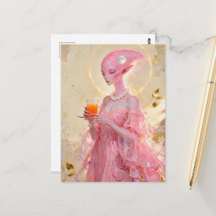 Postal Hermosa señora alienígena rosa con jugo de naranja