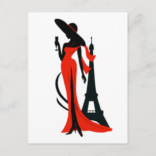 Postal Hermosa silueta de una joven con una copa de vino