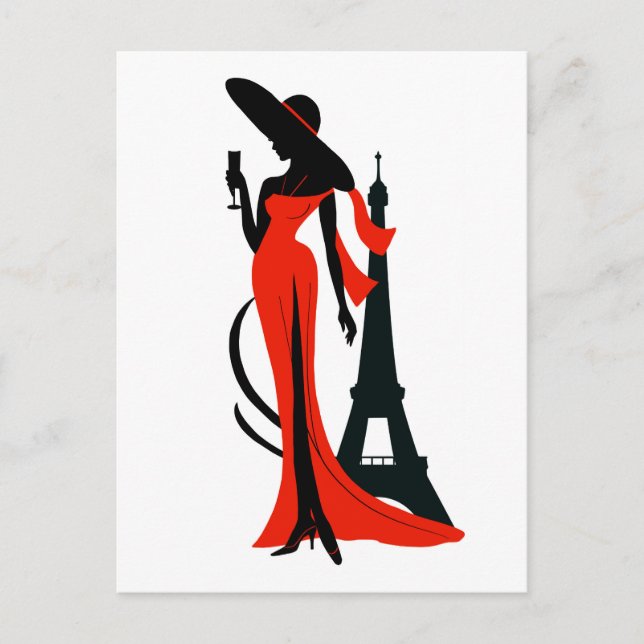 Postal Hermosa silueta de una joven con una copa de vino (Anverso)