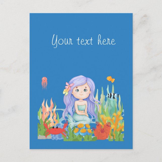 Postal Hermosa sirena PURPLE PELO jugando en el mar (Anverso)