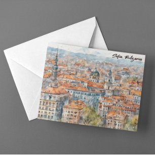 Postal Hermosa Sofía Bulgaria Pintura Acuarela Ciudad