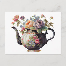 Postal Hermosa tetera de acuarela, flores, tazas de té