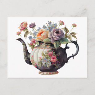 Postal Hermosa tetera de acuarela, flores, tazas de té