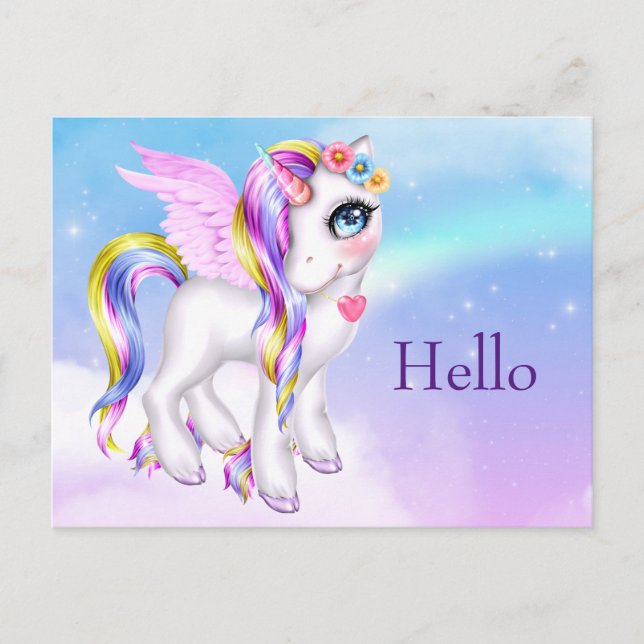 Postal Hermosa unicornio con arcoiris y cola de saludos (Anverso)