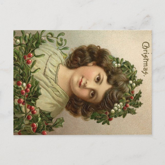 Postal Hermosa y antigua litografía de Navidades jóvenes  (Anverso)