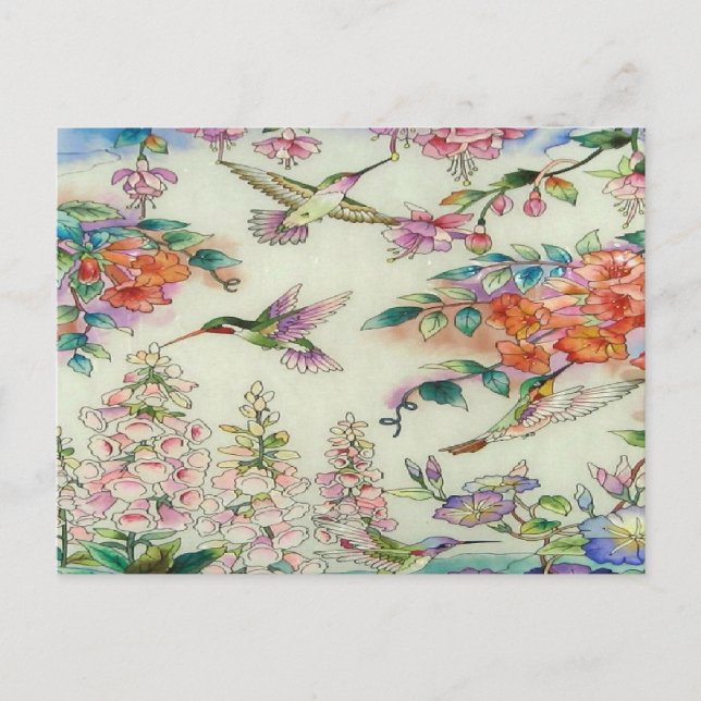 Postal Hermosas flores de Hummingbirds Arte de vidrio tem (Anverso)