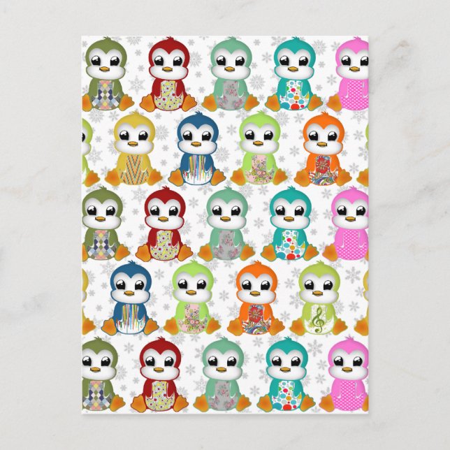 Postal Hermosas flores de pingüinos de colores (Anverso)