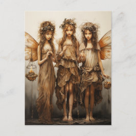 Postal Hermosas hadas vestidos marrones velas brillantes