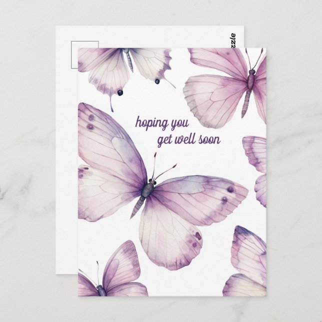 Postal Hermosas Mariposas Moradas RECUPÉRATE PRONTO (Anverso / Reverso)